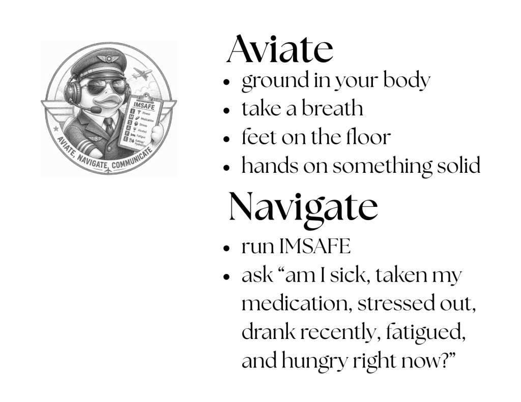 Front of card to be used in times of crisis, includes picture of a rubber duck holding an IMSAFE checklist and helping someone go through aviate and navigate steps of the AN-C approach
